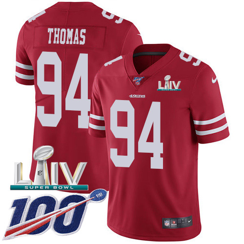 San Francisco 49ers Nike #94 Solomon Thomas Red Super Bowl LIV 2020 Team Color Youth Stitched NFL 100th Season Vapor Limited Jersey